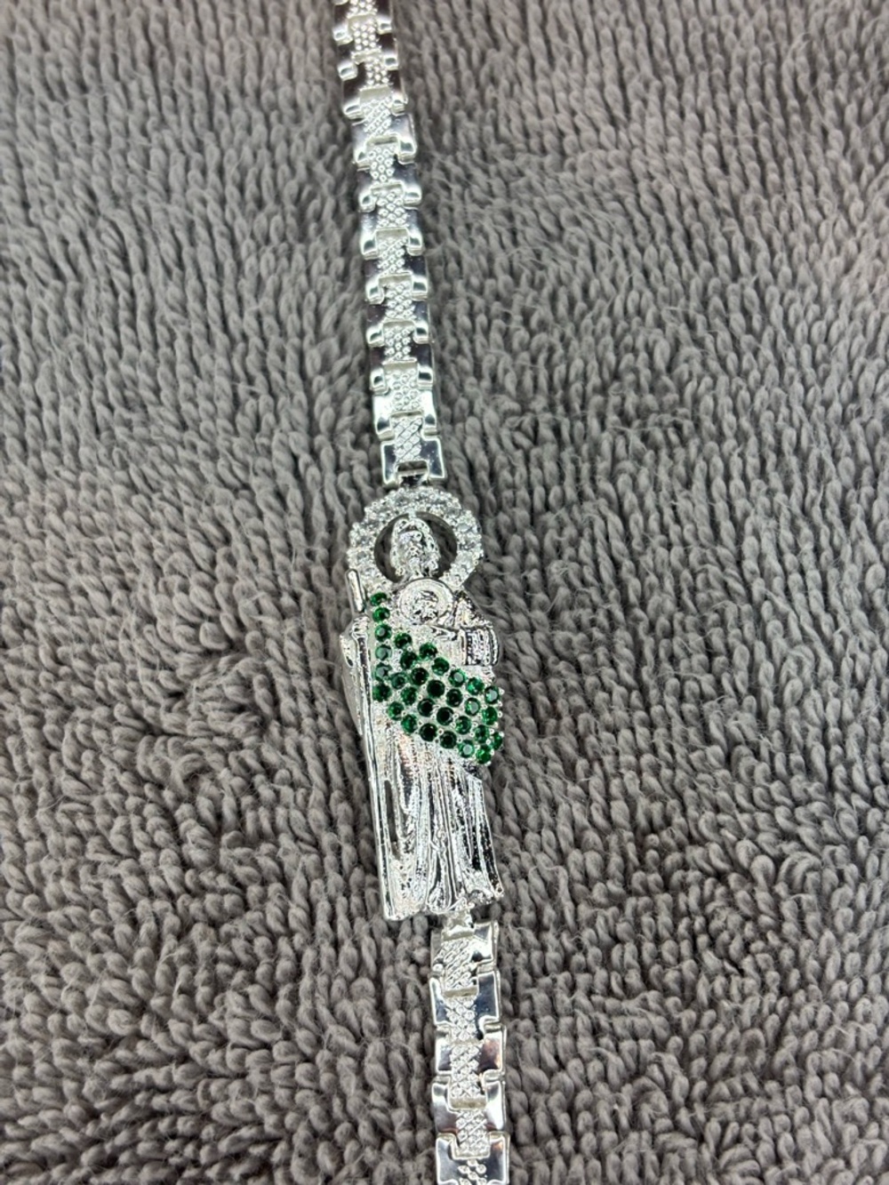 Silver Religious Saint Bracelet with Green Crystal Accent